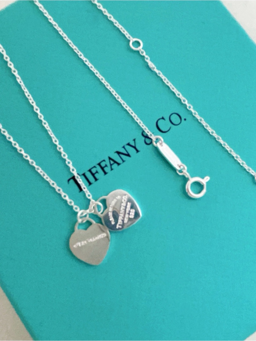 Tiffany & Co. Sterling Silver Double Heart Tag Necklace - Blue/Silver